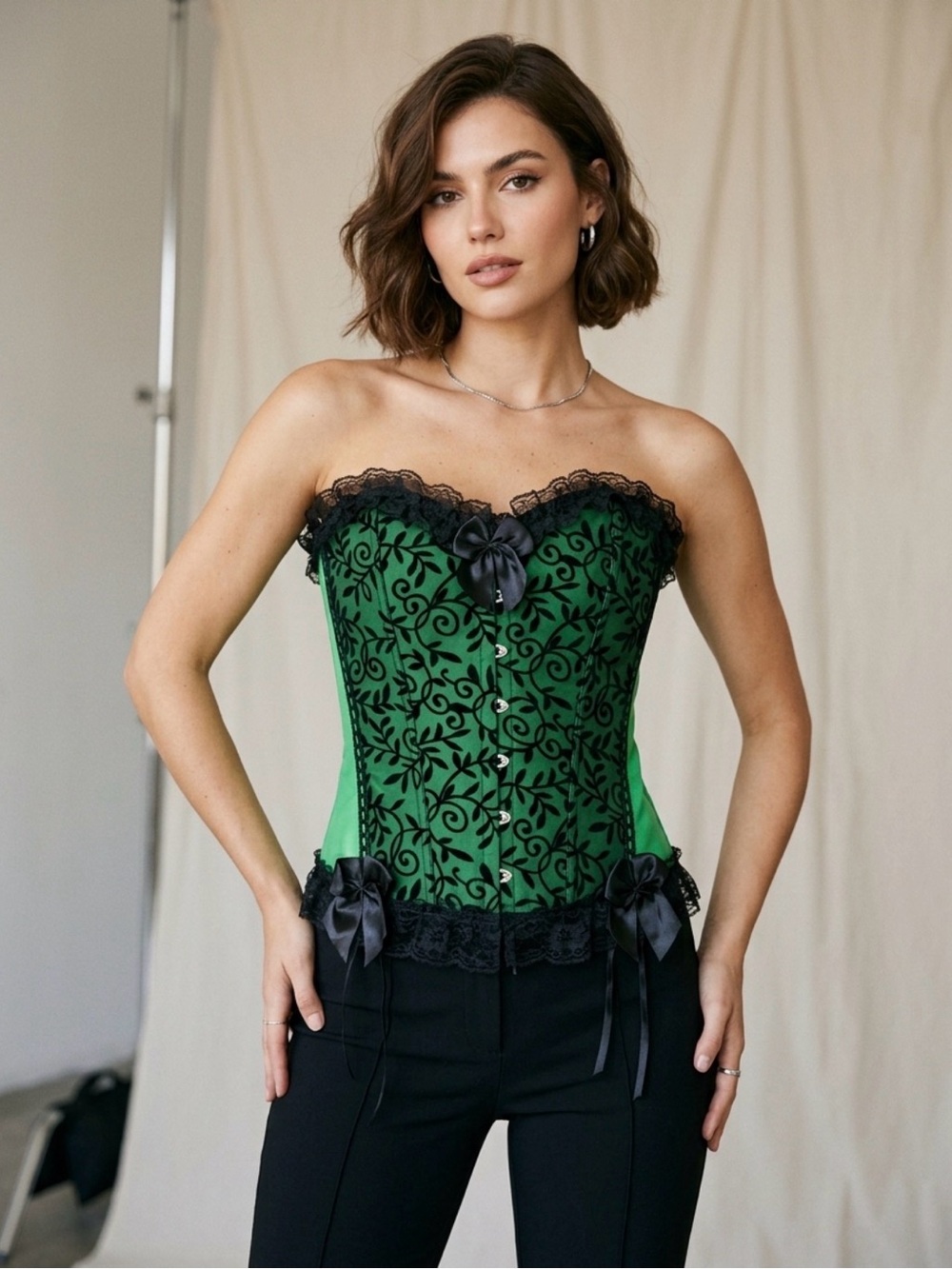 Green Floral Lace Corset with  Bows
